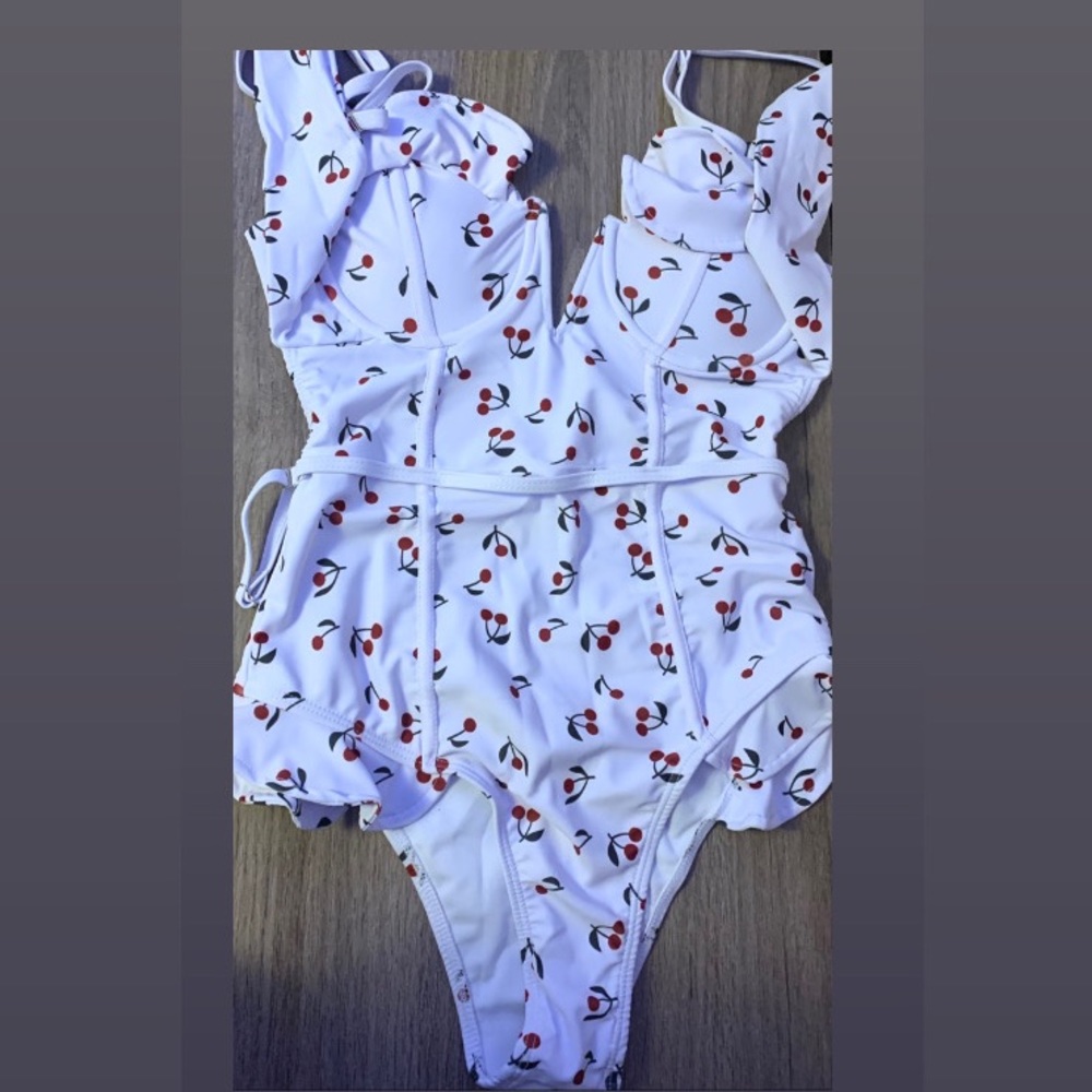 WHITE ONE PEICE BATHING SUIT WITH CHERRYS